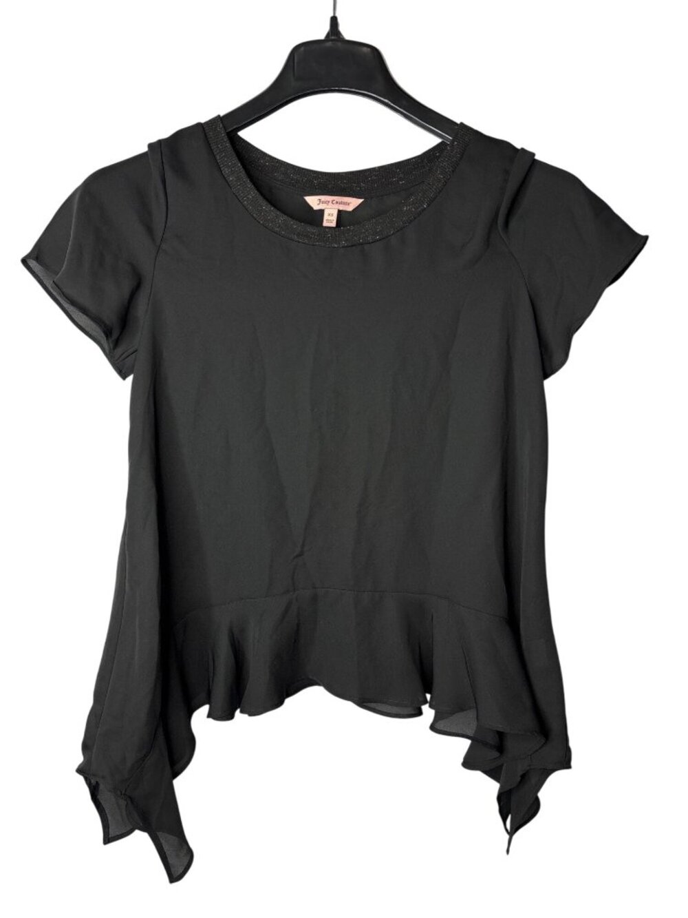 Juicy Couture Sheer Black Blouse Top Size XS Handkerchief Hem Sparkly Crew Neck